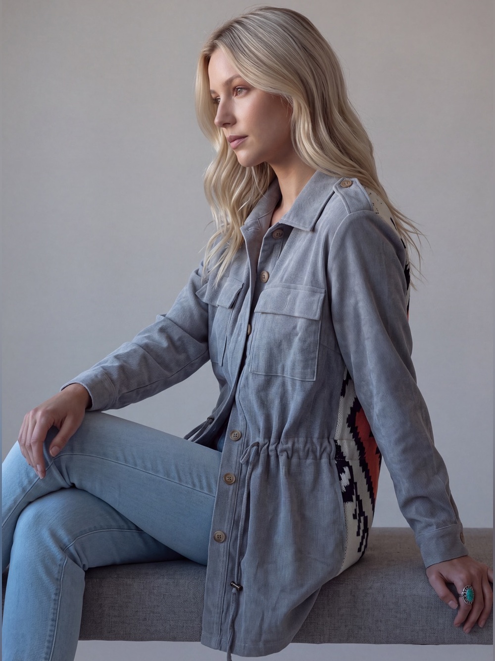Davi & Dani Grey Southwestern Print Corduroy Utility Jacket with Knit Details Sm